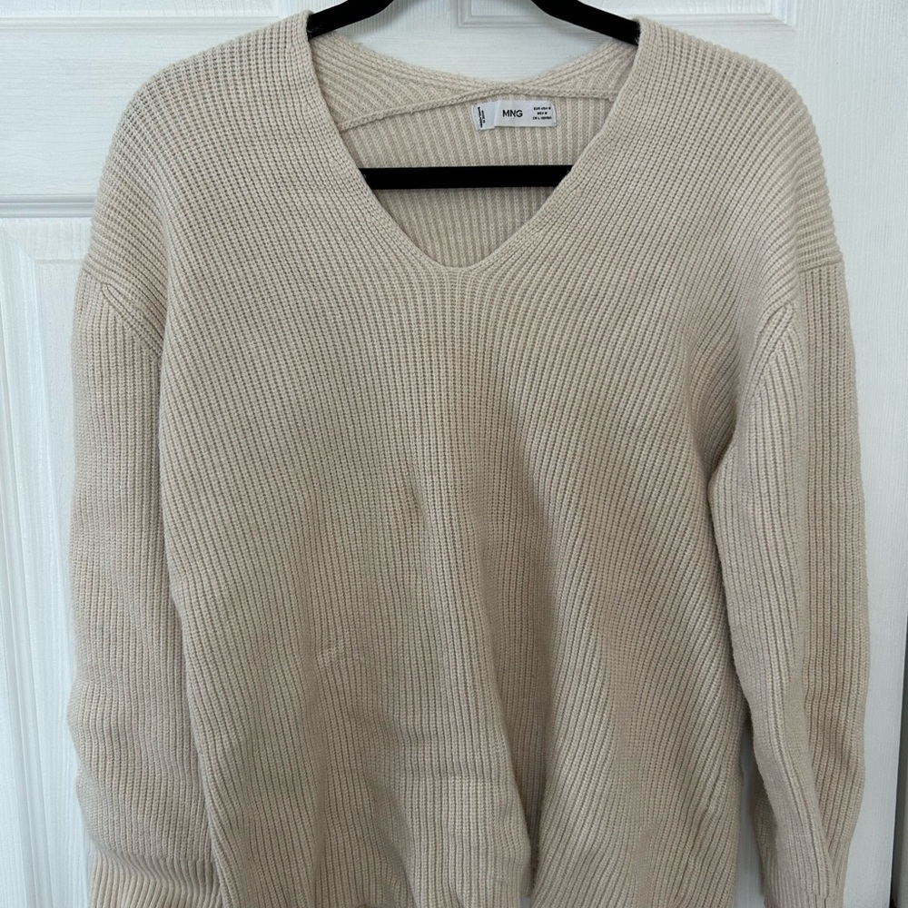 Mango V-Neck Ribbed Sweater - Beige